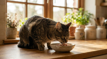 un gato domestico comiendo de un plato de ceramica con comida humeda de pescado, cocina luminosa, luz natural suave