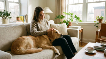 Perro tranquilo descansando junto a su dueña en el sofá