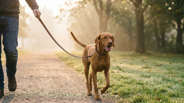 Perro paseando al amanecer por un camino de parque con su dueno