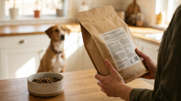 Manos sosteniendo un saco de pienso y leyendo la etiqueta en una cocina, con un perro al fondo