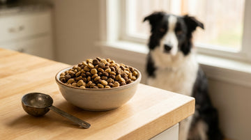 Cuenco de ceramica con croquetas de dos tipos mezcladas y cacito medidor, con un border collie esperando
