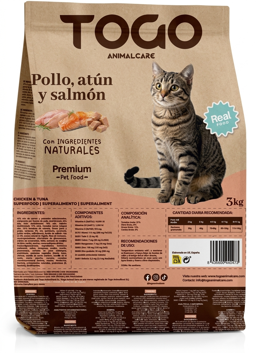 TOGO Pienso esterilizado de gato, atún, salmón y pollo con Probioticos 3kg